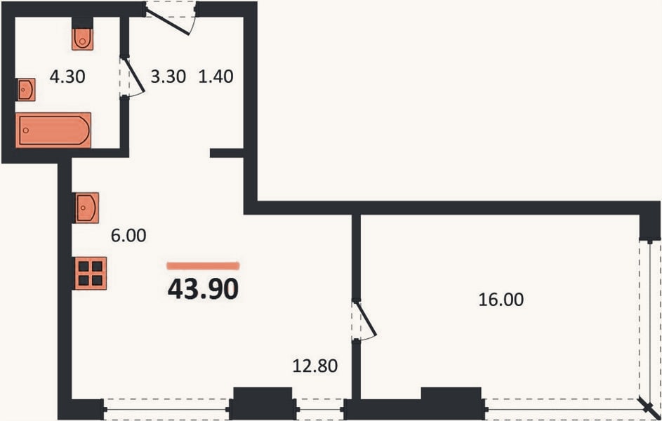 Планировка: 1-к, 43,8 м²