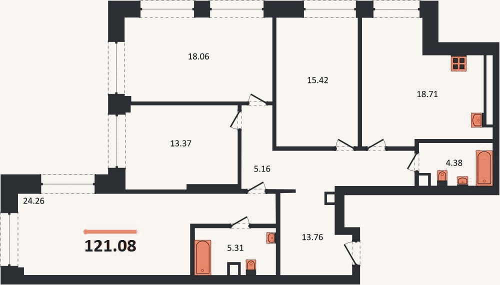 Планировка: 4+ к, 121,1 м²