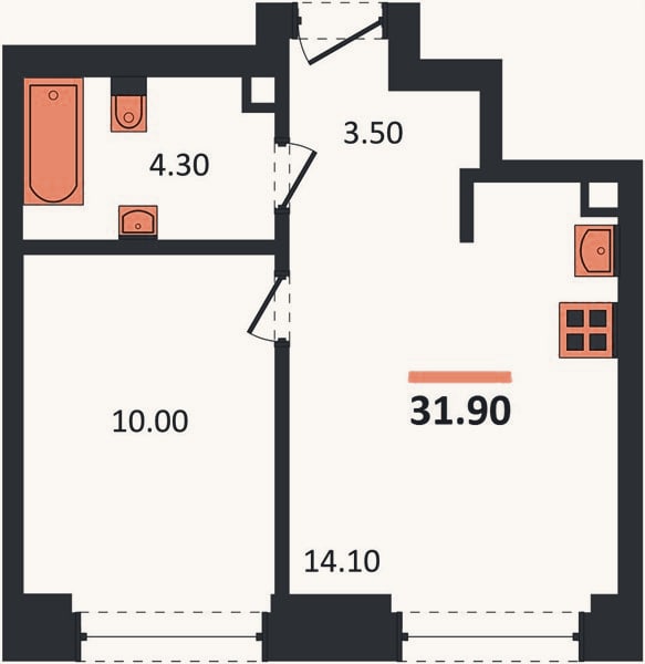 Планировка: 1-к, 31,9 м²