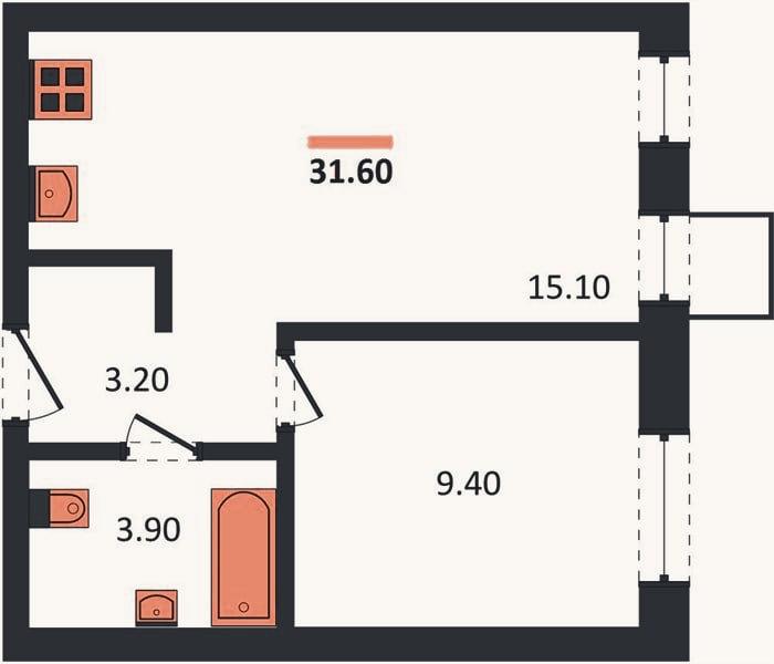 Планировка: 1-к, 31,6 м²