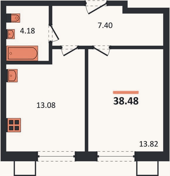 Планировка: 1-к, 38,5 м²
