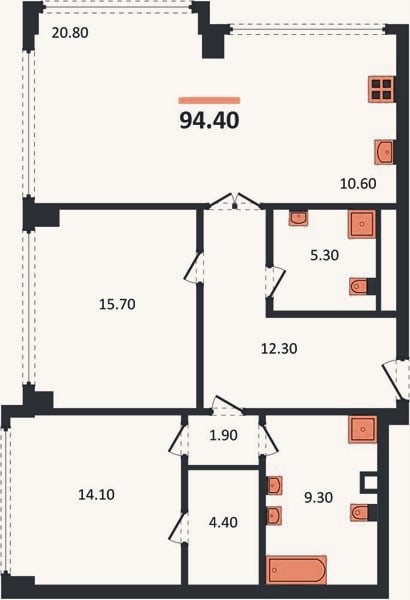Планировка: 2-к, 94,4 м²