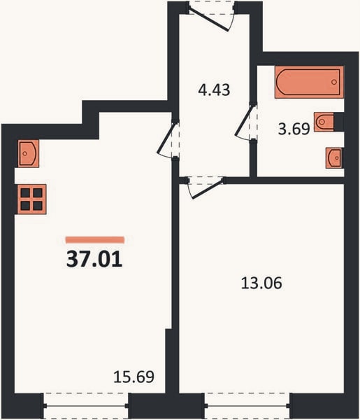 Планировка: 1-к, 37 м²