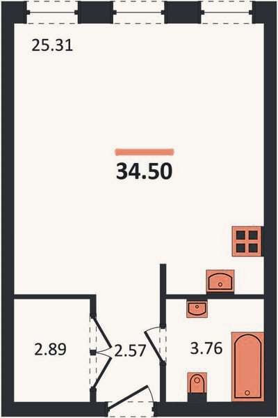 Планировка: Студия, 34,5 м²