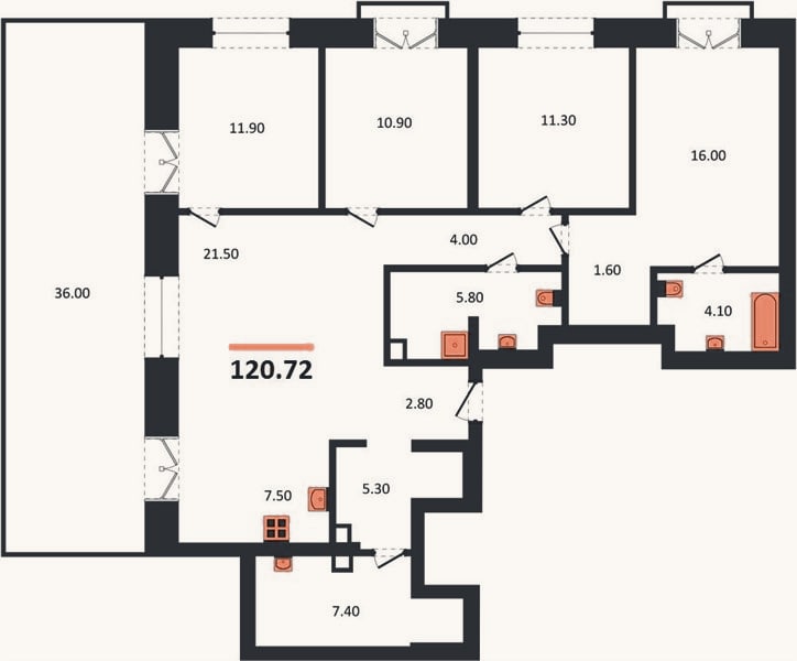 Планировка: 4+ к, 120,7 м²