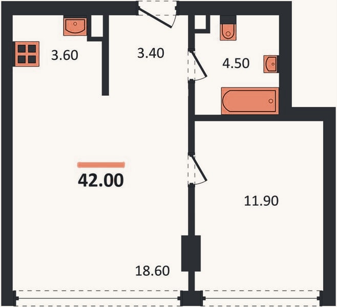 Планировка: 1-к, 42 м²