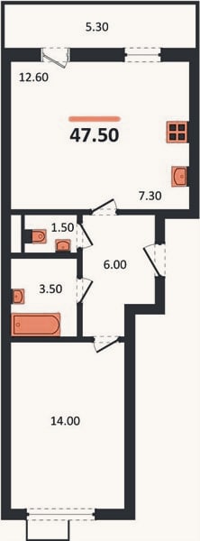 Планировка: 1-к, 47,5 м²