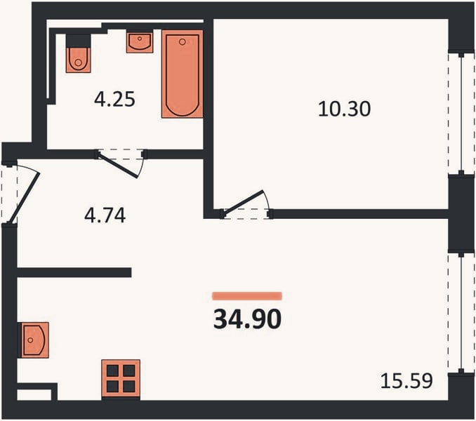 Планировка: 1-к, 34,9 м²