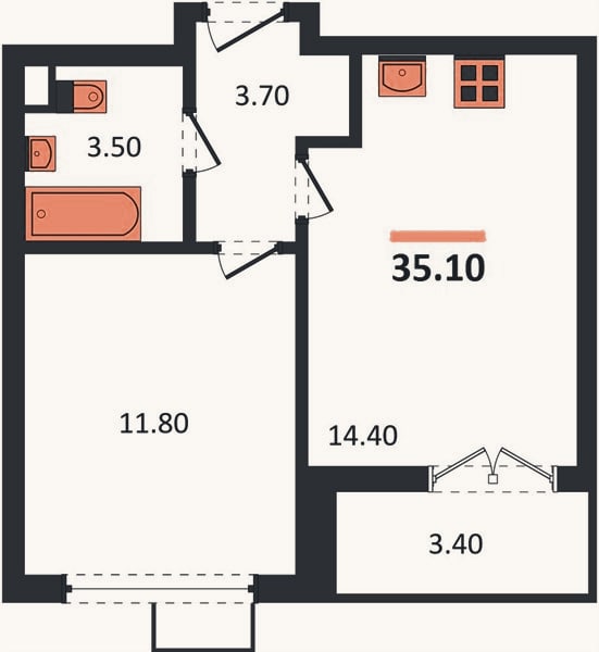 Планировка: 1-к, 35,1 м²