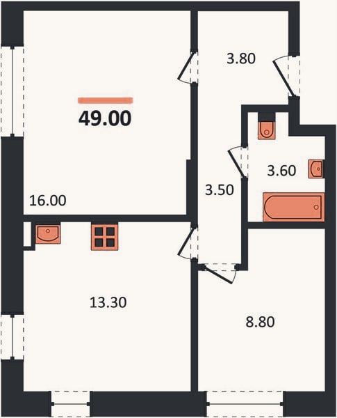 Планировка: 2-к, 49 м²