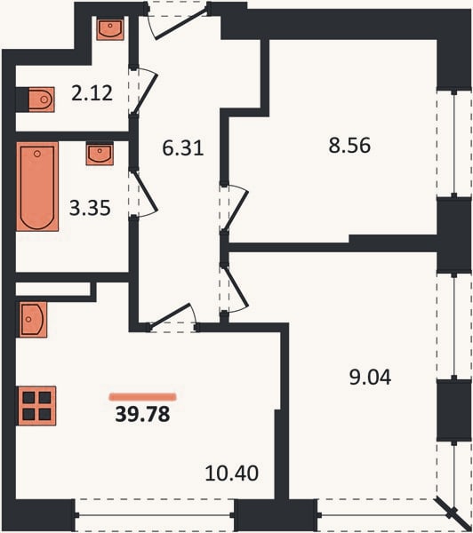 Планировка: 2-к, 39,8 м²
