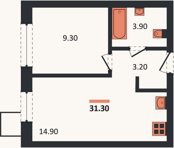 Планировка: 1-к, 31,3 м²