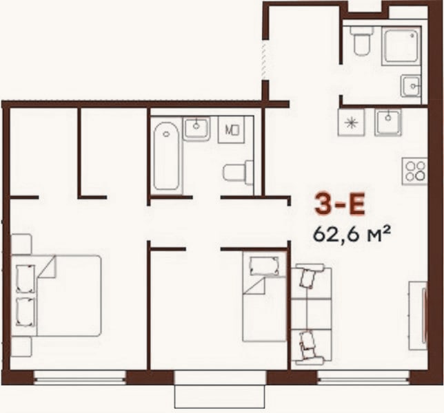 Планировка: 2-к, 62,6 м²