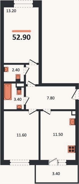Планировка: 2-к, 52,9 м²