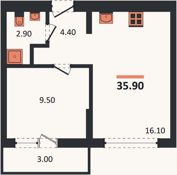 Планировка: 1-к, 35,9 м²