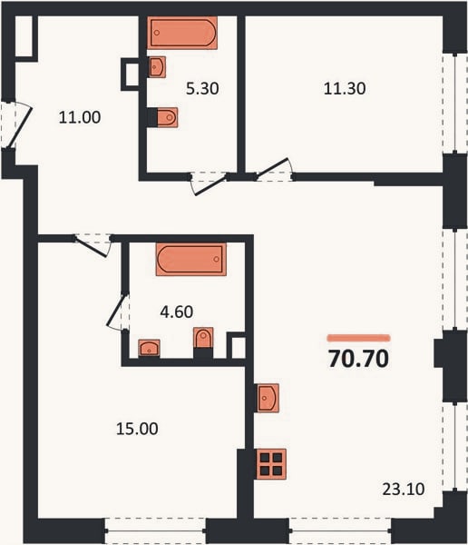Планировка: 2-к, 70,7 м²