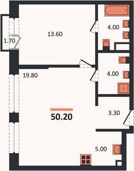 Планировка: 1-к, 50,2 м²
