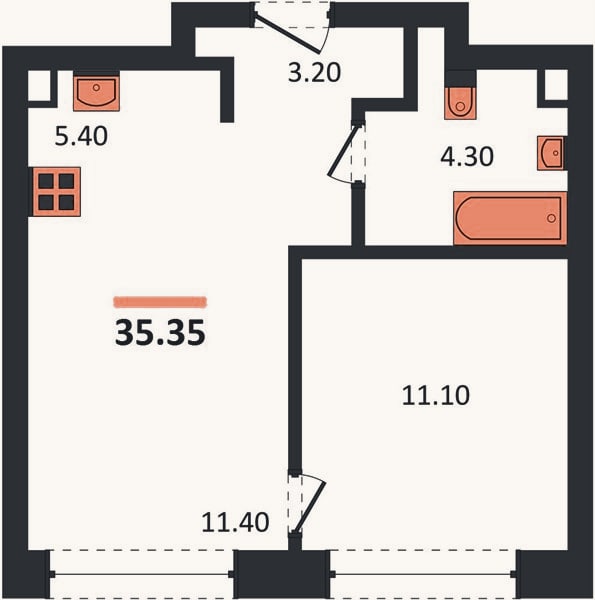 Планировка: 1-к, 35,2 м²