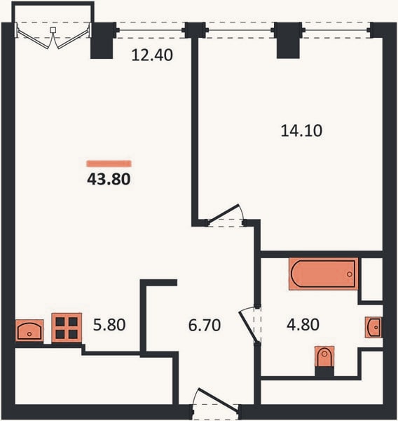 Планировка: 1-к, 43,8 м²