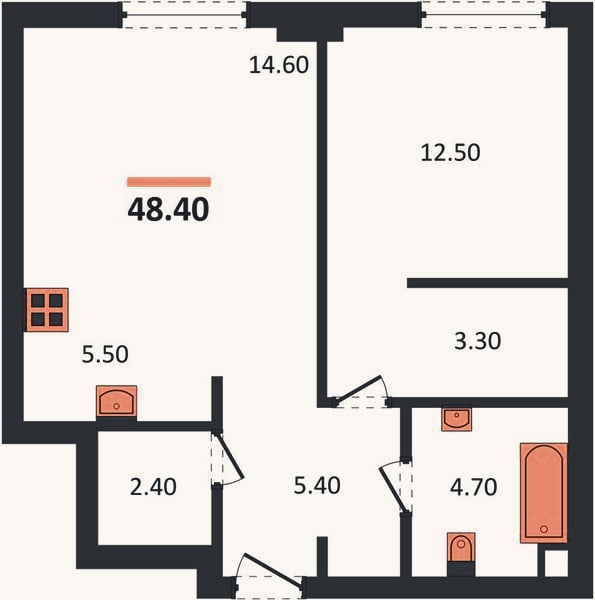 Планировка: 1-к, 48,4 м²