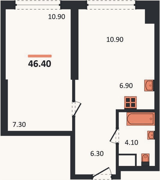 Планировка: 1-к, 46,4 м²