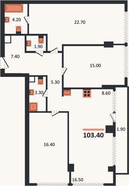 Планировка: 3-к, 103,4 м²