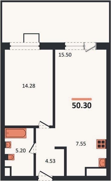 Планировка: 1-к, 50,3 м²