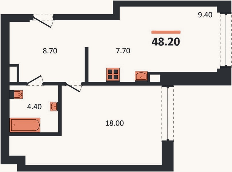 Планировка: 1-к, 48,2 м²