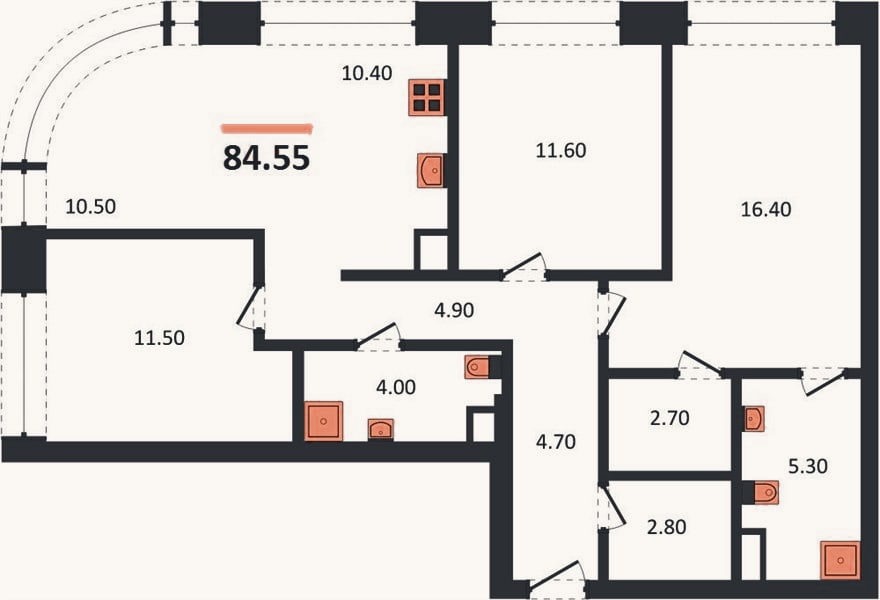 Планировка: 3-к, 84,6 м²