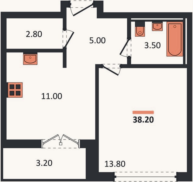 Планировка: 1-к, 38,2 м²