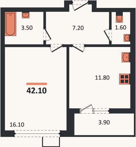 Планировка: 1-к, 42,1 м²
