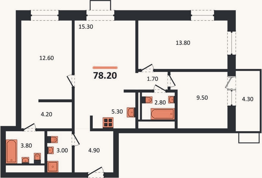 Планировка: 3-к, 78,2 м²