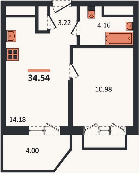 Планировка: 1-к, 34,5 м²