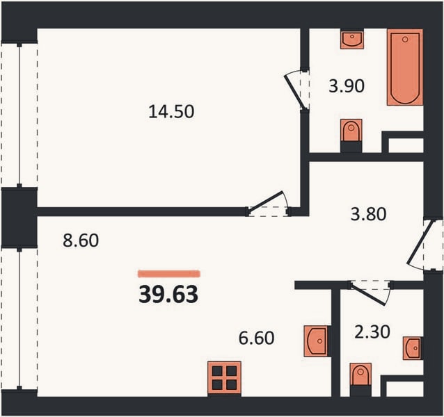Планировка: 1-к, 39,6 м²