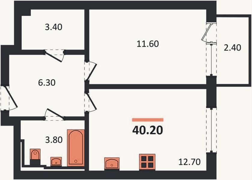 Планировка: 1-к, 40,2 м²
