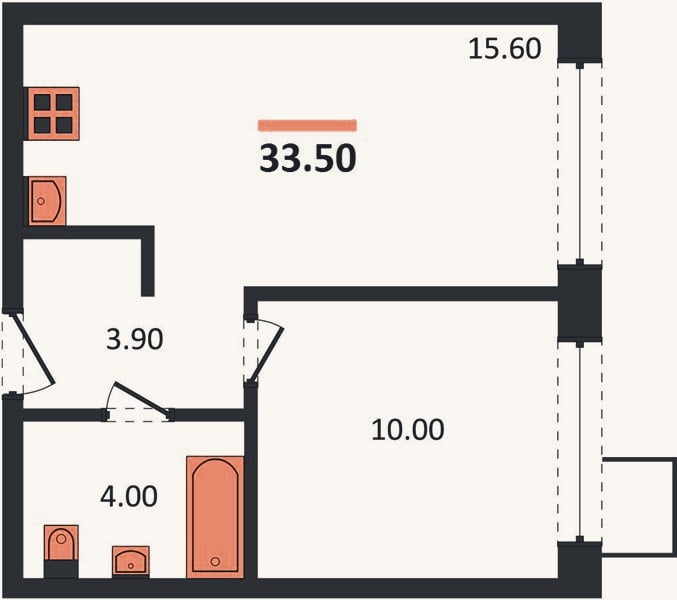 Планировка: 1-к, 33,5 м²