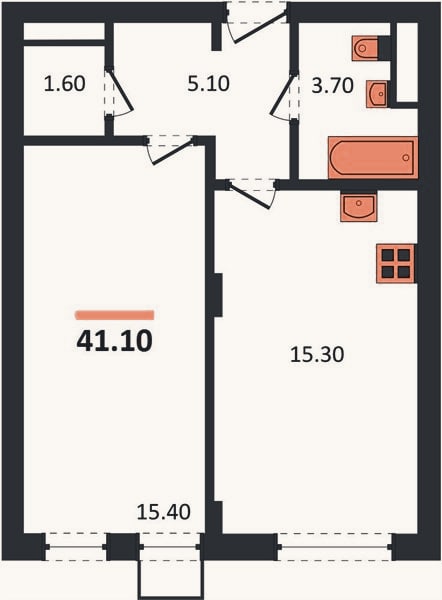 Планировка: 1-к, 41,1 м²