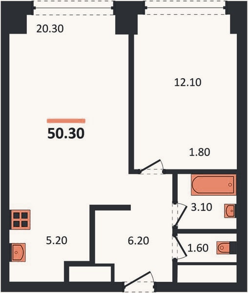 Планировка: 1-к, 50,3 м²