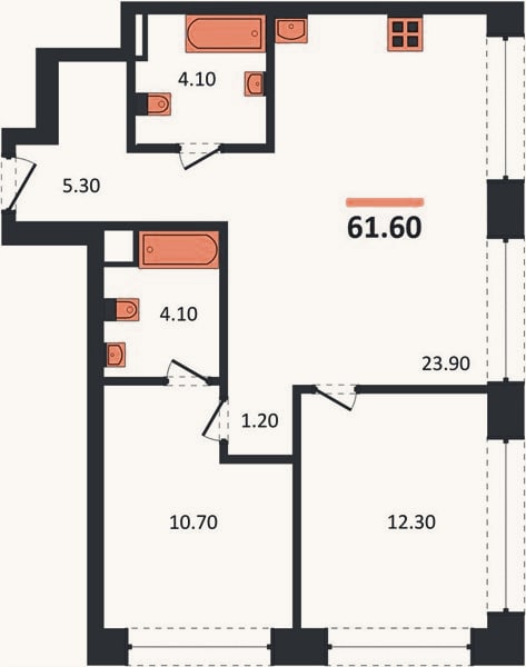 Планировка: 2-к, 62,2 м²