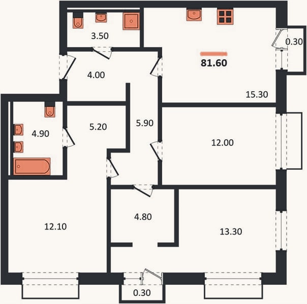 Планировка: 3-к, 81,6 м²