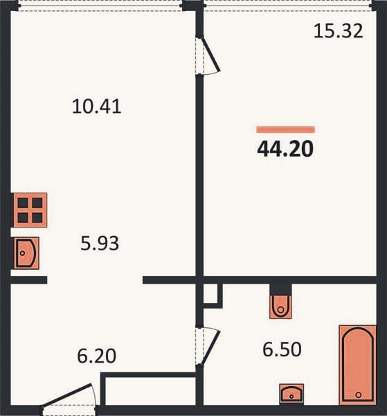Планировка: 1-к, 44,2 м²
