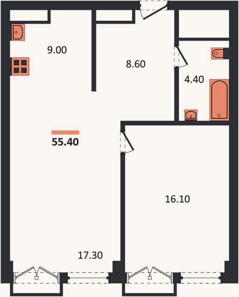 Планировка: 1-к, 55,4 м²