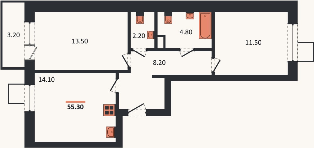Планировка: 2-к, 55,3 м²