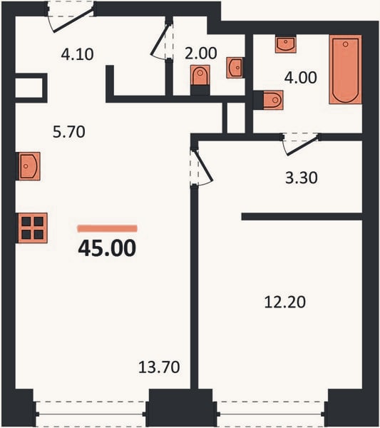 Планировка: 1-к, 45 м²