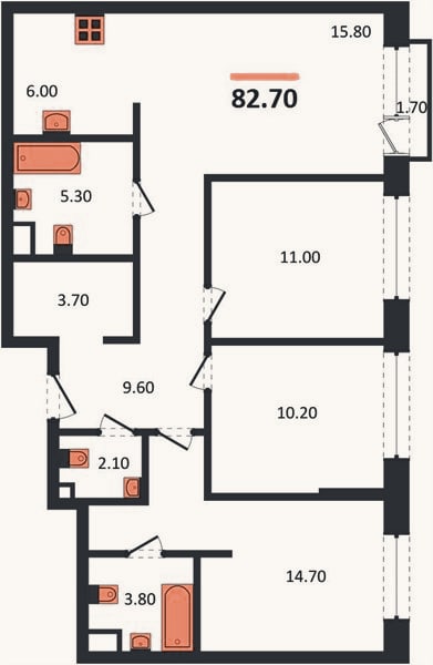 Планировка: 3-к, 82,7 м²