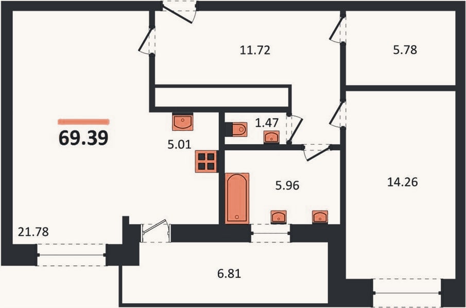 Планировка: 1-к, 69,4 м²