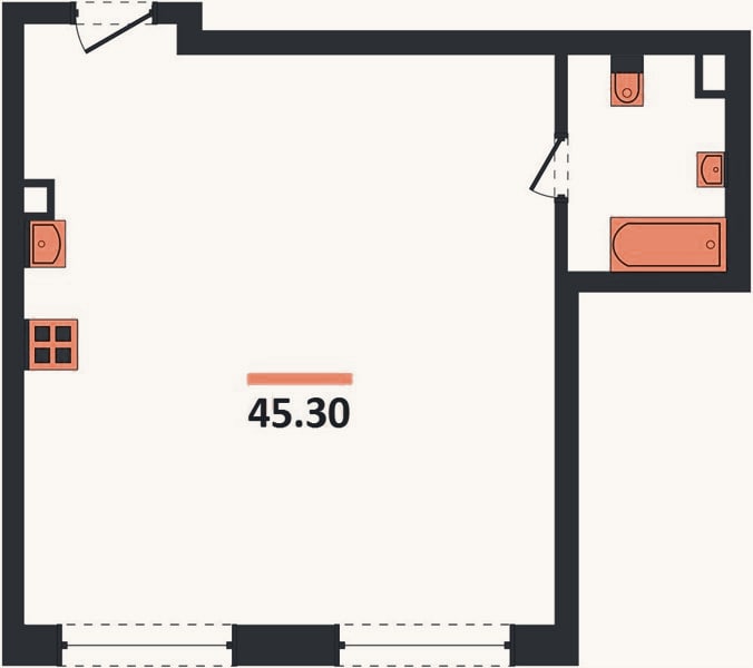 Планировка: 1-к, 45,8 м²