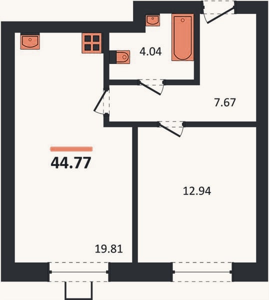 Планировка: 1-к, 44,8 м²