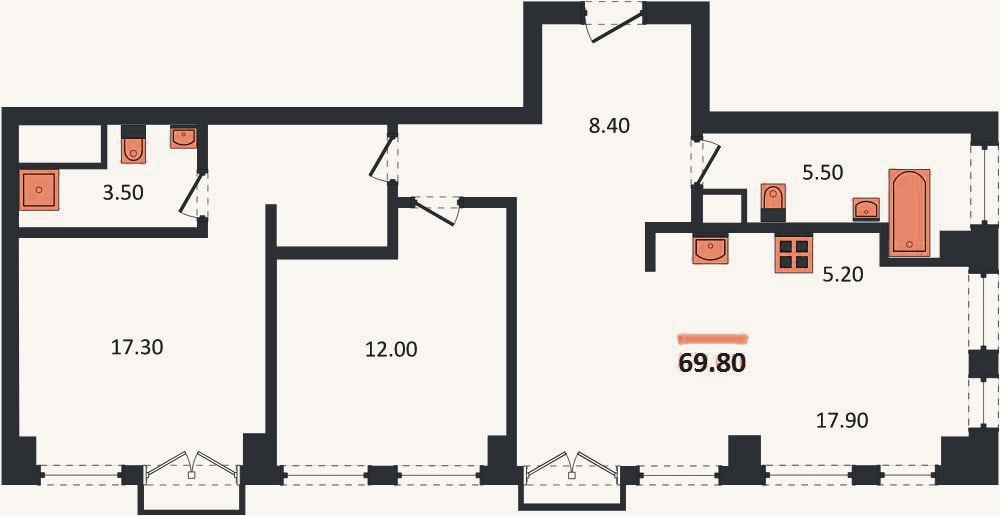 Планировка: 2-к, 69,8 м²