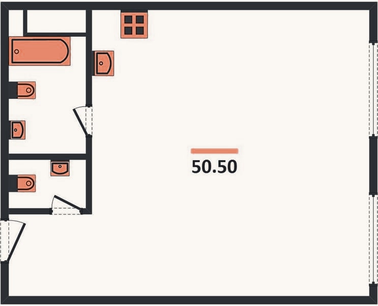 Планировка: 1-к, 50,5 м²